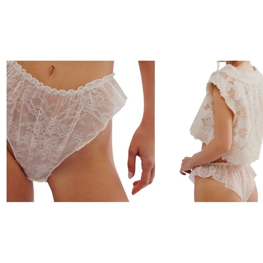 Intimately Free People Gia Tanga Ivory Floral‎ Lace Ruffle Thong Panty Small NWT